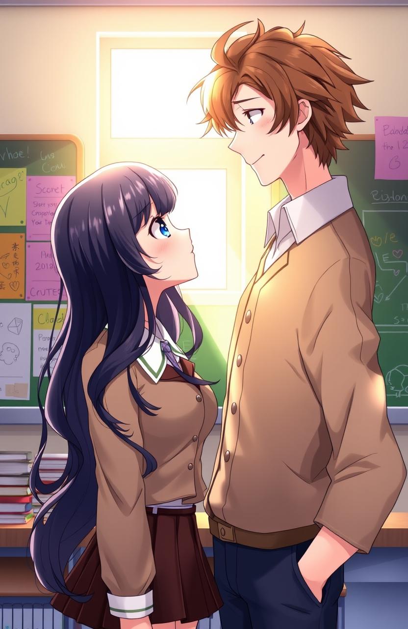 A romantic anime scene depicting a female student with long, wavy black hair and sparkling blue eyes, wearing a stylish school uniform, gazing up at her charming male professor who has tousled brown hair and a warm smile