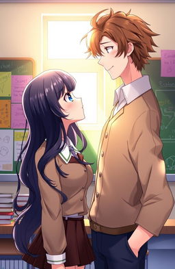 A romantic anime scene depicting a female student with long, wavy black hair and sparkling blue eyes, wearing a stylish school uniform, gazing up at her charming male professor who has tousled brown hair and a warm smile