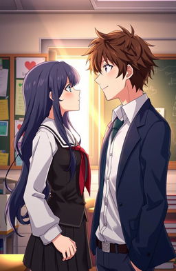 A romantic anime scene depicting a female student with long, wavy black hair and sparkling blue eyes, wearing a stylish school uniform, gazing up at her charming male professor who has tousled brown hair and a warm smile