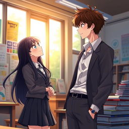 A romantic anime scene featuring a female student with long, flowing black hair and bright blue eyes, wearing a stylish school uniform that includes a pleated skirt and a fitted blazer
