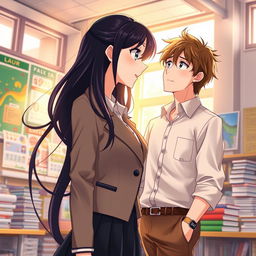 A romantic anime scene featuring a female student with long, flowing black hair and bright blue eyes, wearing a stylish school uniform that includes a pleated skirt and a fitted blazer