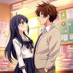 A romantic anime scene featuring a female student with long, flowing black hair and bright blue eyes, wearing a stylish school uniform that includes a pleated skirt and a fitted blazer