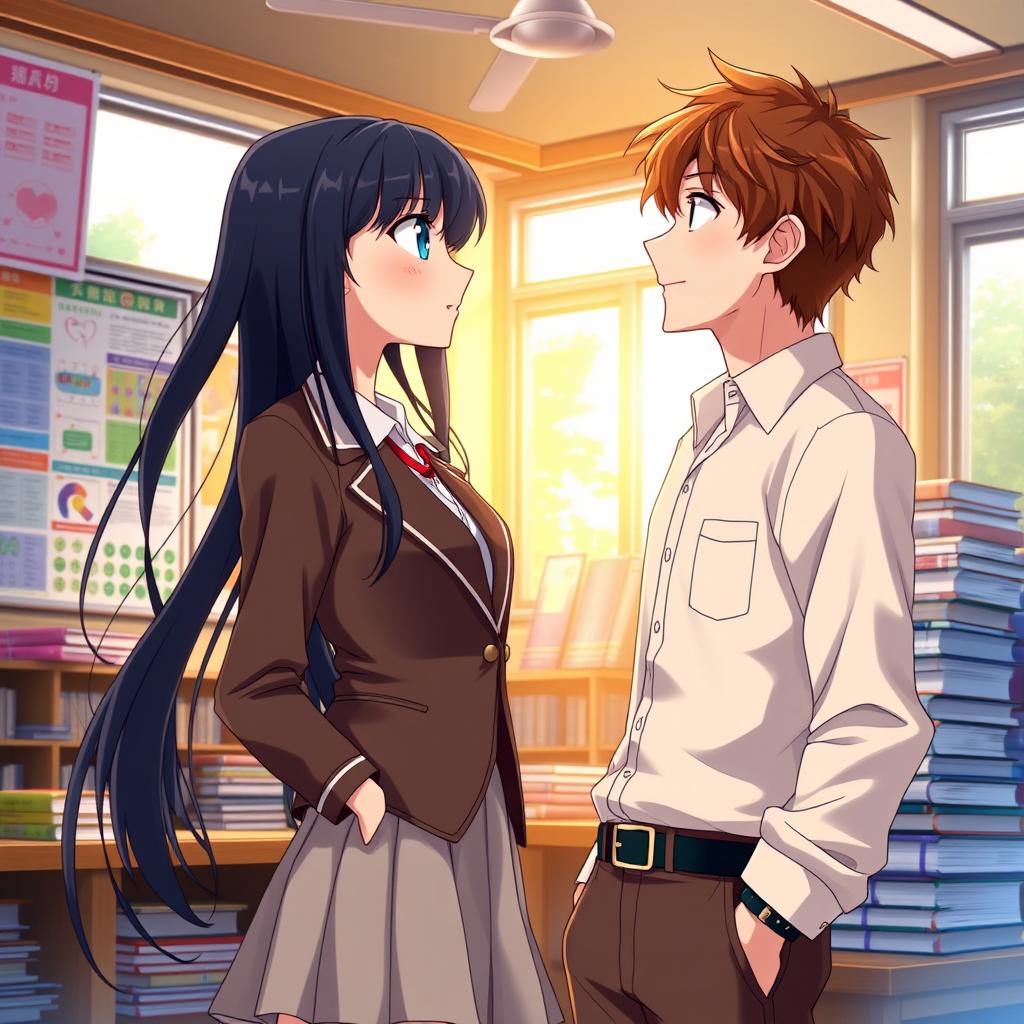 A romantic anime scene featuring a female student with long, flowing black hair and bright blue eyes, wearing a stylish school uniform that includes a pleated skirt and a fitted blazer