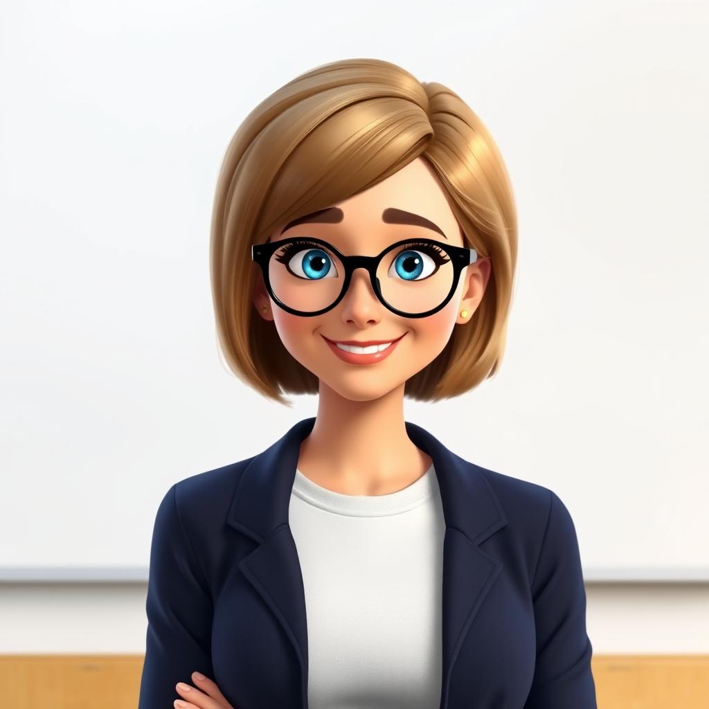 A Disney Pixar-style character of a pretty 50-year-old female teacher with a bob haircut, light brown hair, and striking blue eyes