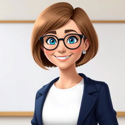 A Disney Pixar-style character of a pretty 50-year-old female teacher with a bob haircut, light brown hair, and striking blue eyes