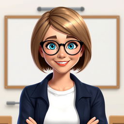 A Disney Pixar-style character of a pretty 50-year-old female teacher with a bob haircut, light brown hair, and striking blue eyes