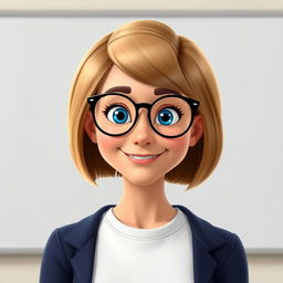 A Disney Pixar-style character of a pretty 50-year-old female teacher with a bob haircut, light brown hair, and striking blue eyes