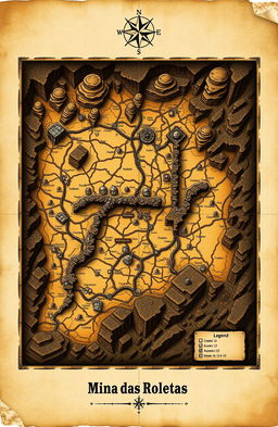 A detailed and artistic interpretation of an underground mine map, specifically the 'Mina das Roletas', featuring intricate pathways, tunnels, and chambers