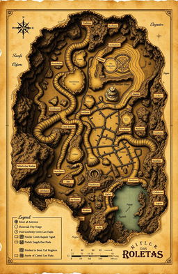 A detailed and artistic interpretation of an underground mine map, specifically the 'Mina das Roletas', featuring intricate pathways, tunnels, and chambers