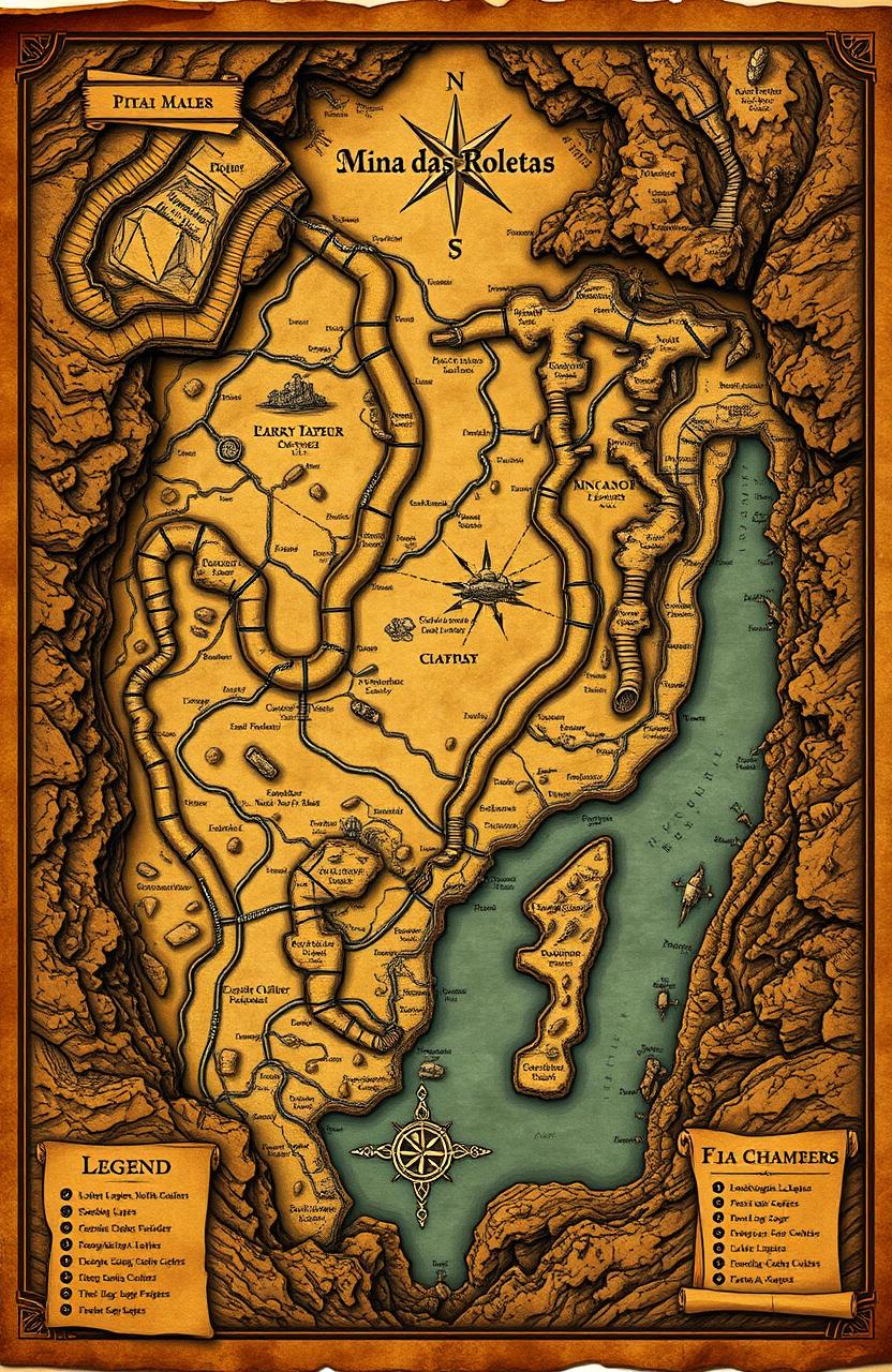 A detailed and artistic interpretation of an underground mine map, specifically the 'Mina das Roletas', featuring intricate pathways, tunnels, and chambers