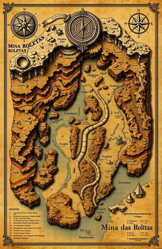 A detailed and artistic interpretation of an underground mine map, specifically the 'Mina das Roletas', featuring intricate pathways, tunnels, and chambers