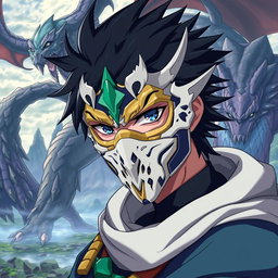 A character wearing a detailed mask that resembles the quality of the original image provided, styled in the anime art style of Solo Leveling