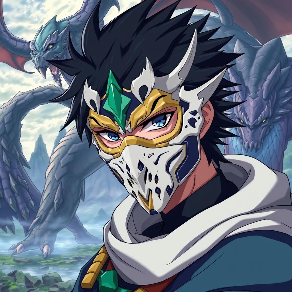 A character wearing a detailed mask that resembles the quality of the original image provided, styled in the anime art style of Solo Leveling
