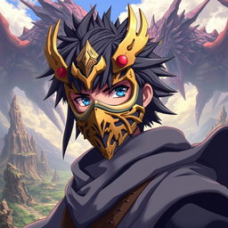A character wearing a detailed mask that resembles the quality of the original image provided, styled in the anime art style of Solo Leveling