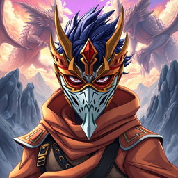 A character wearing a detailed mask that resembles the quality of the original image provided, styled in the anime art style of Solo Leveling