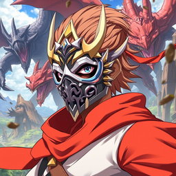 A character wearing a detailed mask that resembles the quality of the original image provided, styled in the anime art style of Solo Leveling