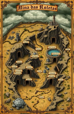 A detailed and artistic map of a fictional mine called 'Mina das Roletas'