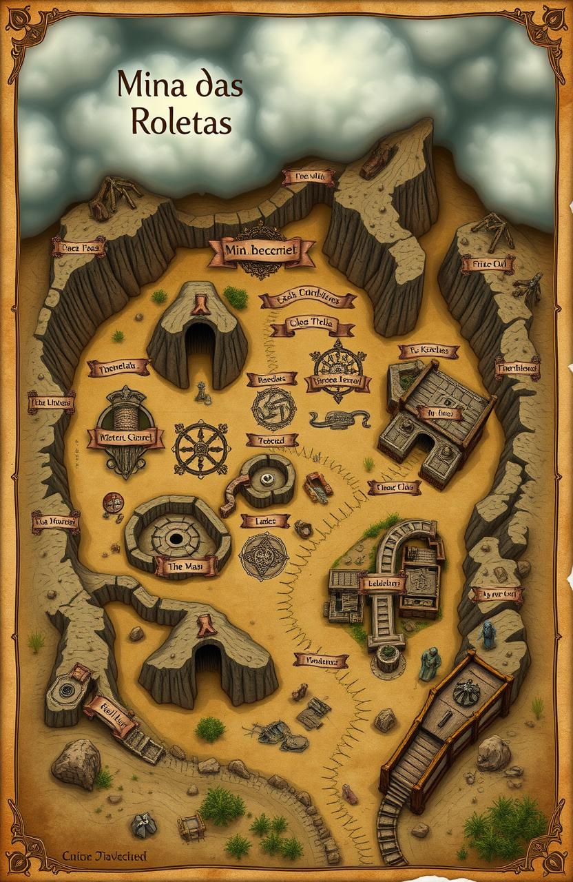 A detailed and artistic map of a fictional mine called 'Mina das Roletas'