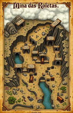 A detailed and artistic map of a fictional mine called 'Mina das Roletas'