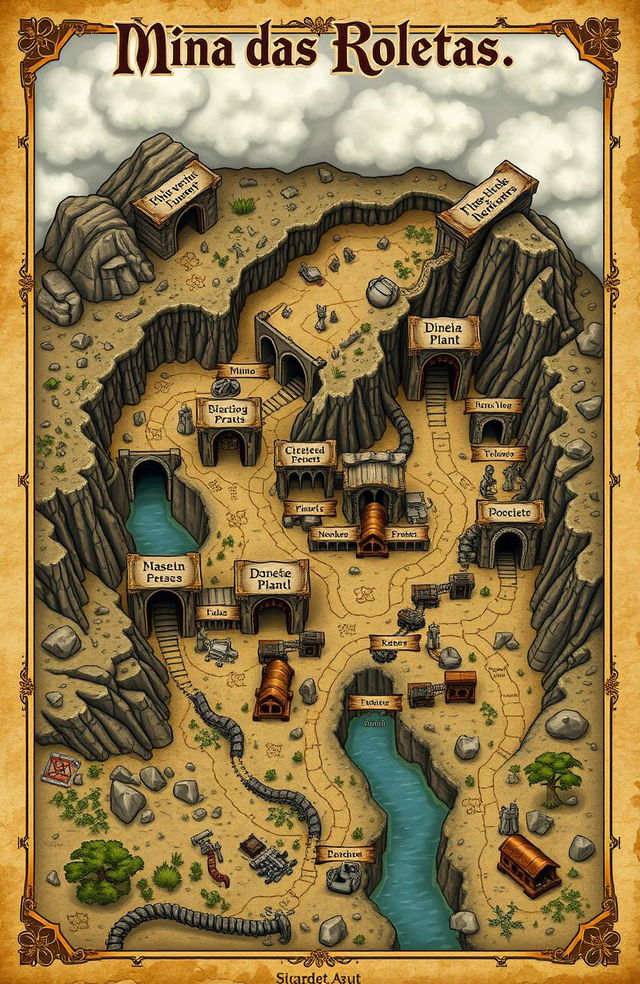 A detailed and artistic map of a fictional mine called 'Mina das Roletas'