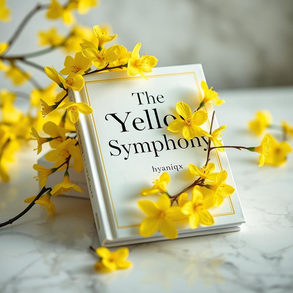 A stunning book titled "The Yellow Symphony" beautifully designed, featuring the author's name "hyaniqx" prominently displayed in an elegant font