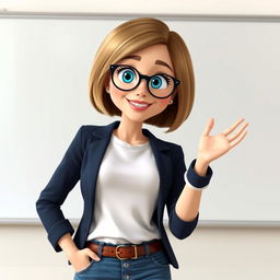 A Disney Pixar-style pretty female character, aged 50, exuding warmth and friendliness