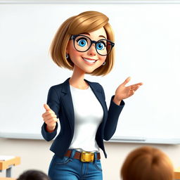 A Disney Pixar-style pretty female character, aged 50, exuding warmth and friendliness