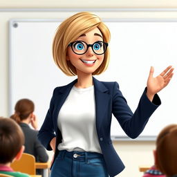 A Disney Pixar-style pretty female character, aged 50, exuding warmth and friendliness