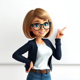 A Disney Pixar-style character of a pretty 50-year-old female teacher, featuring a bob haircut with light brown hair and captivating blue eyes