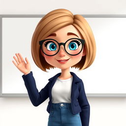 A Disney Pixar-style character of a pretty 50-year-old female teacher, featuring a bob haircut with light brown hair and captivating blue eyes