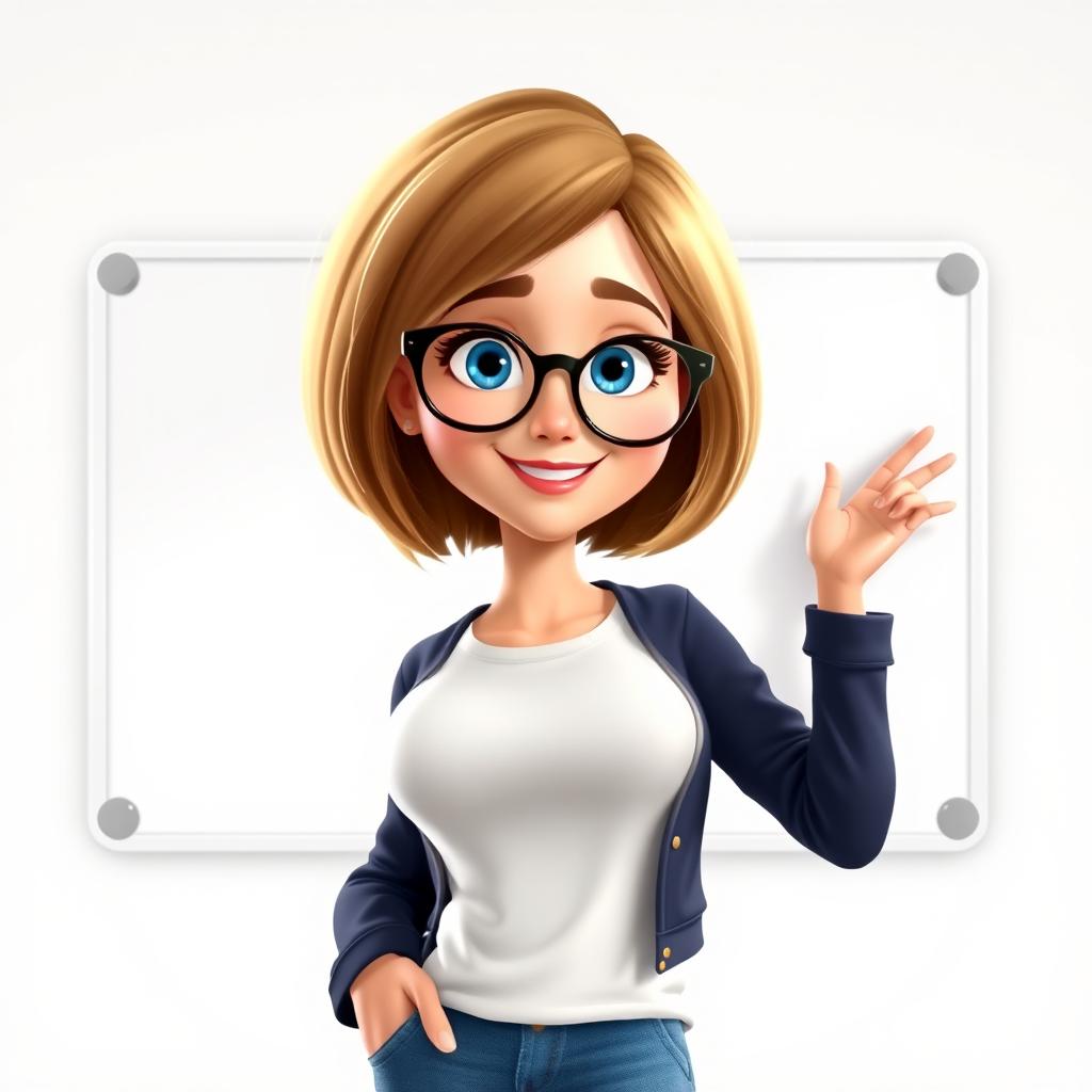 A Disney Pixar-style character of a pretty 50-year-old female teacher, featuring a bob haircut with light brown hair and captivating blue eyes
