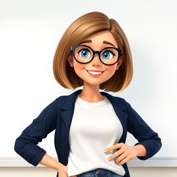 A Disney Pixar-style character of a pretty 50-year-old female teacher, featuring a bob haircut with light brown hair and captivating blue eyes