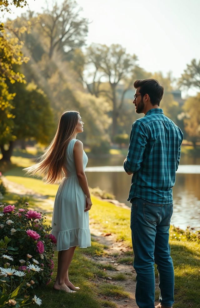 An evocative scene symbolizing the theme of love and doubt, featuring a couple standing on opposite sides of a beautiful, sunlit park