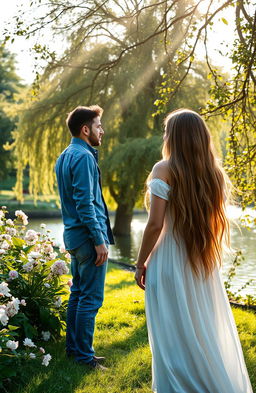 An evocative scene symbolizing the theme of love and doubt, featuring a couple standing on opposite sides of a beautiful, sunlit park