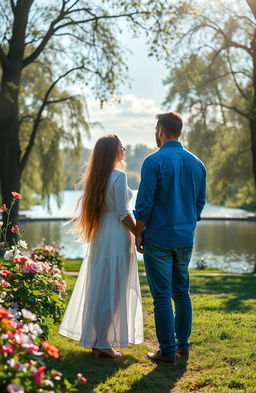 An evocative scene symbolizing the theme of love and doubt, featuring a couple standing on opposite sides of a beautiful, sunlit park