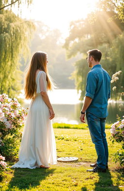 An evocative scene symbolizing the theme of love and doubt, featuring a couple standing on opposite sides of a beautiful, sunlit park