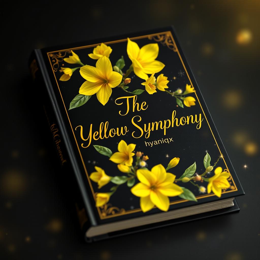 A stunning black and golden book titled "The Yellow Symphony", featuring an enchanting design with the author's name "hyaniqx" elegantly displayed in a cursive font