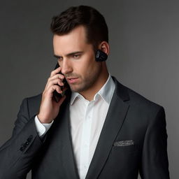 A well-dressed man in a stylish suit engrossed in a phone call, with a serious expression on his face.