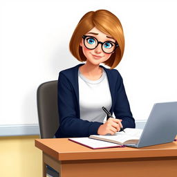 A Disney Pixar-style illustration of a pretty female teacher character, 50 years old, with a bob haircut, light brown hair and bright blue eyes