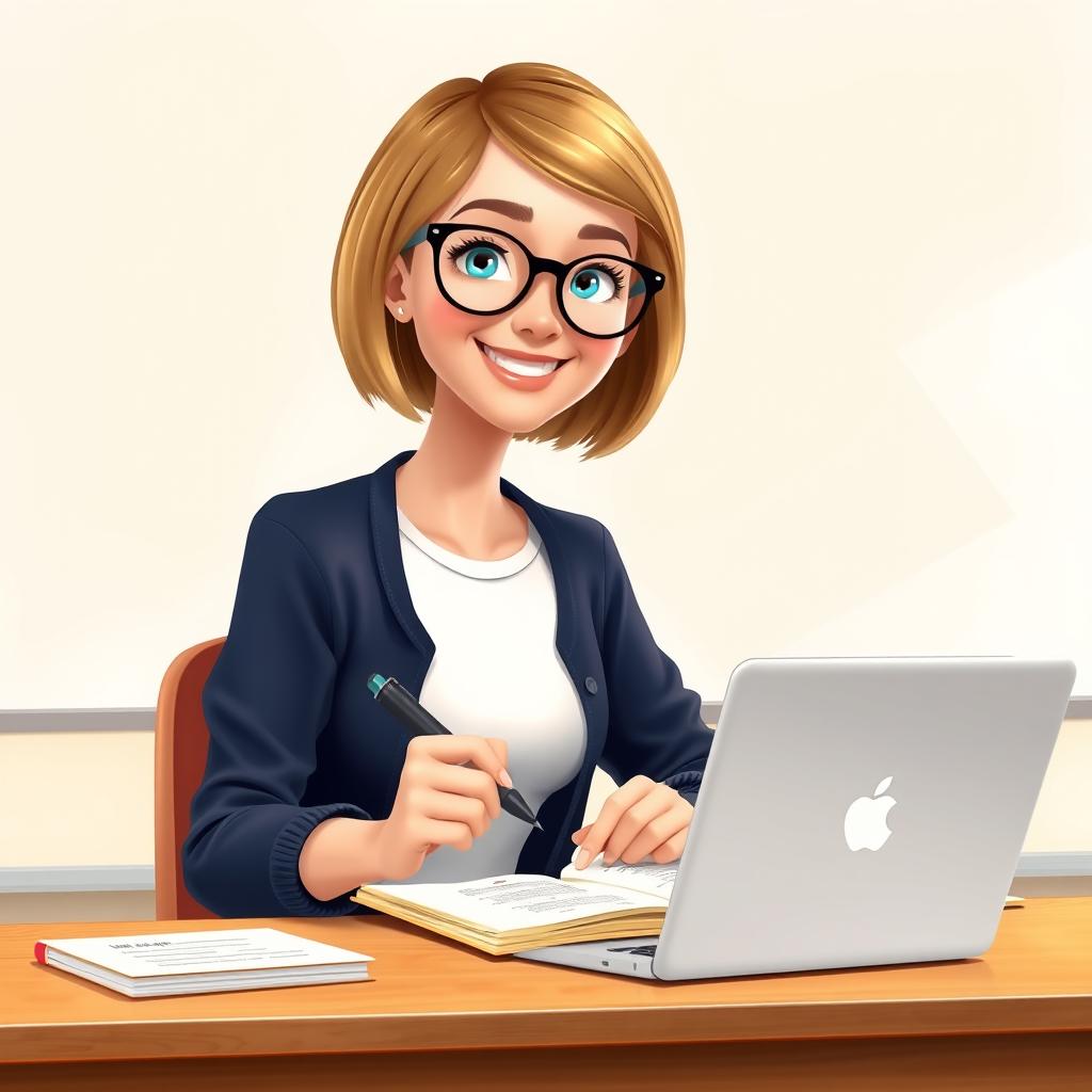 A Disney Pixar-style illustration of a pretty female teacher character, 50 years old, with a bob haircut, light brown hair and bright blue eyes