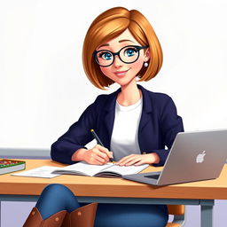 A Disney Pixar-style illustration of a pretty female teacher character, 50 years old, with a bob haircut, light brown hair and bright blue eyes