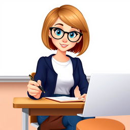 A Disney Pixar-style illustration of a pretty female teacher character, 50 years old, with a bob haircut, light brown hair and bright blue eyes