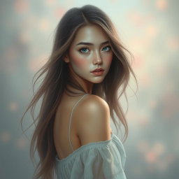 A soft and artistic portrayal of a shy young woman with a delicate demeanor, captured in an ethereal light
