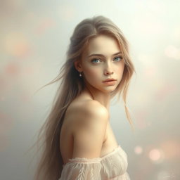 A soft and artistic portrayal of a shy young woman with a delicate demeanor, captured in an ethereal light