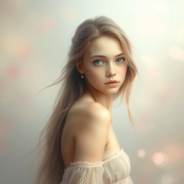 A soft and artistic portrayal of a shy young woman with a delicate demeanor, captured in an ethereal light