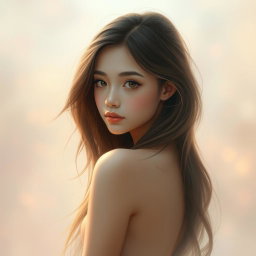 A soft and artistic portrayal of a shy young woman with a delicate demeanor, captured in an ethereal light