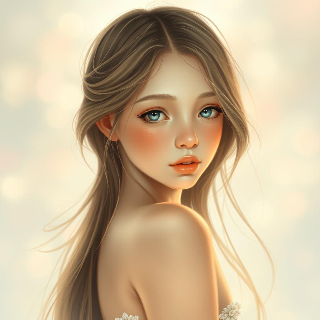 A soft and artistic portrayal of a shy young woman with a delicate demeanor, captured in an ethereal light