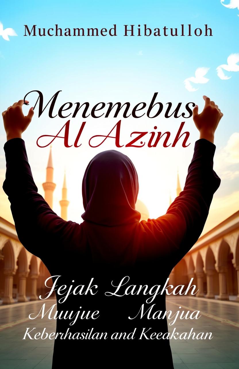A silhouette of a Muslimah woman seen from behind, wearing a hijab, standing triumphantly with her body facing upward as if breaking through the sky, symbolizing aspiration and ambition