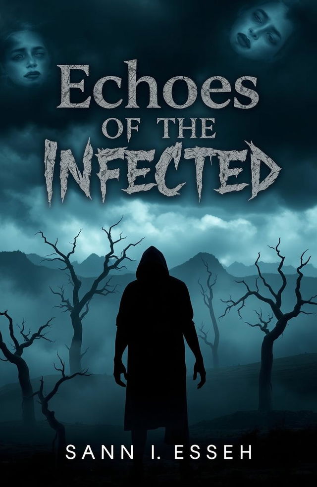 A hauntingly atmospheric book cover for a horror story titled 'Echoes of the Infected'