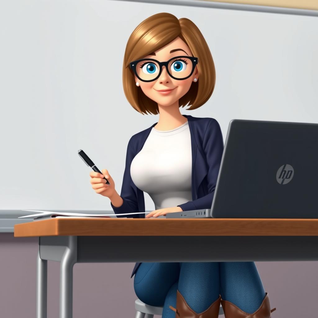 A Disney Pixar-style animated character of a pretty 50-year-old female teacher with a bob haircut, blue eyes, and light brown hair